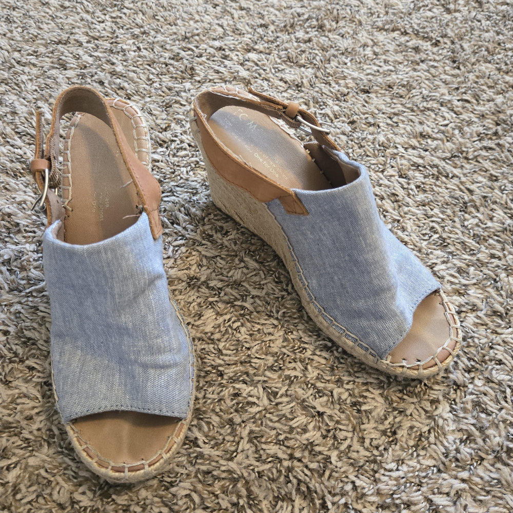 Toms Blue Denim Espadrille Wedge Sandals with Tan Strap - Picture 3 of 5